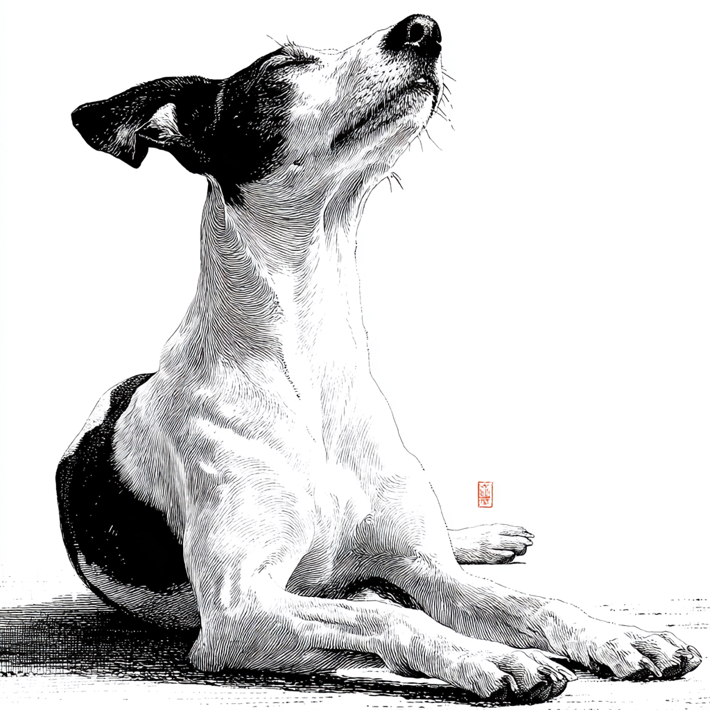 犬が座っており、後ろ足は蓮華座で、前足は瞑想の姿勢を保っている