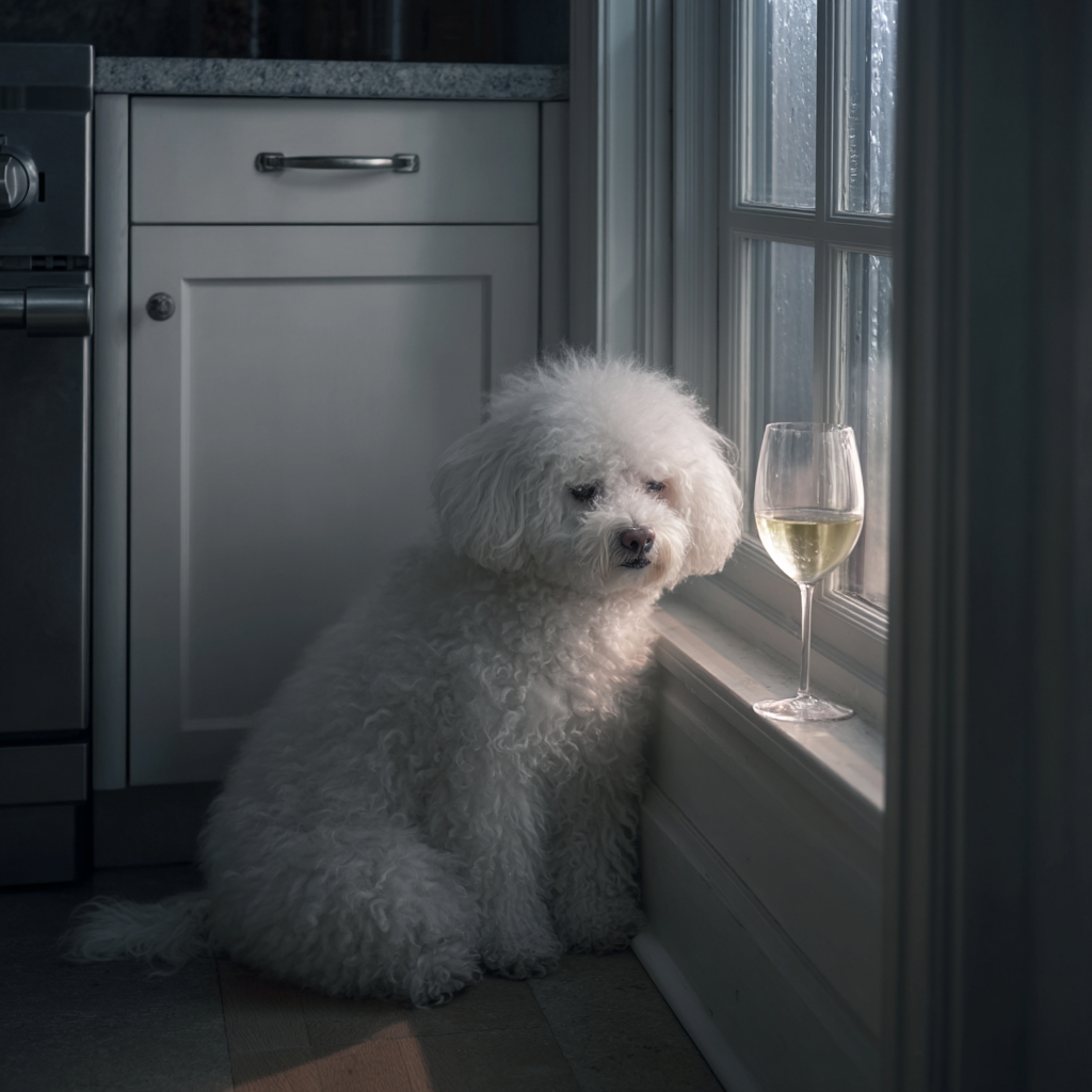 Bichon Frise cries alone at home missing his owners, sitting in the kitchen with a glass of wine.