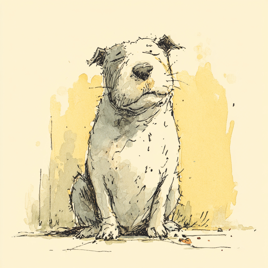 Ein weißer Staffordshire Bull Terrier mit einem mürrischen Ausdruck in einem sanften Aquarellstil