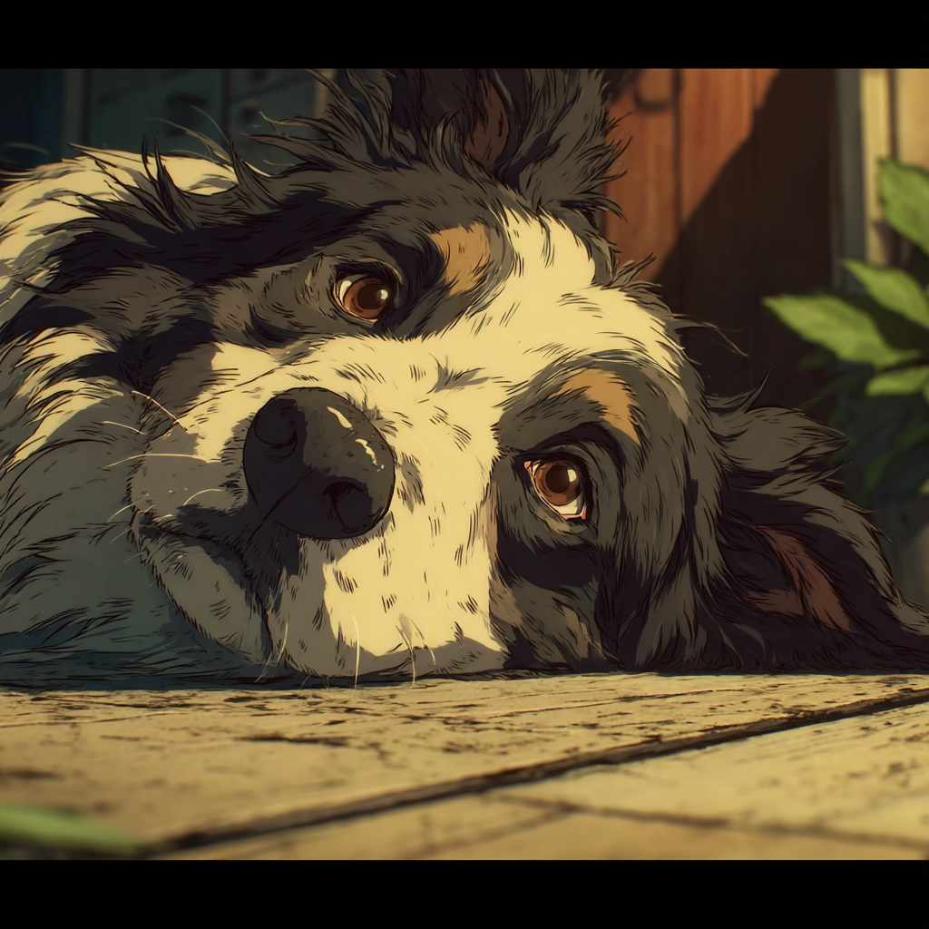 Max slowly opens his eyes in an anime style, with his ears flopping.