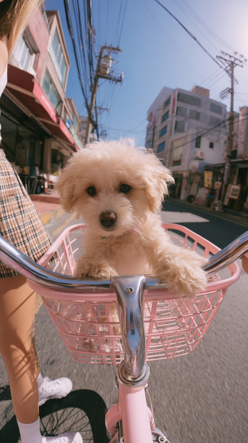 A fluffy Maltipoo puppy sitting in the front basket of a pink women's bicycle, looking up adorably.