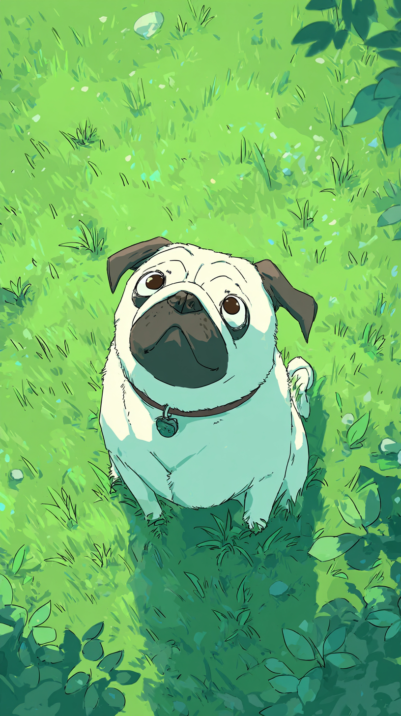 Ein weißer Mops, der in einem grünen Grasfeld zum Himmel schaut