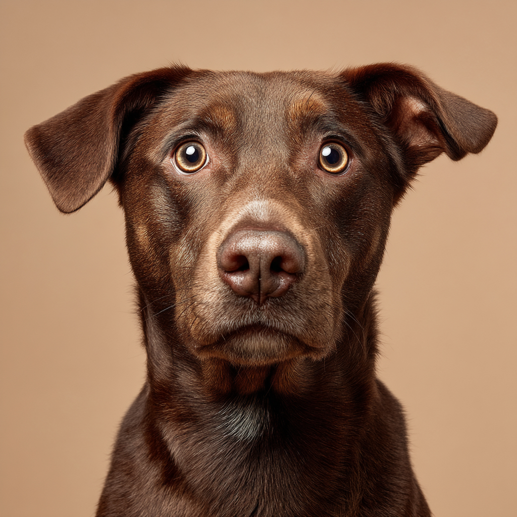 A brown dog with a surprised expression sits against a beige background, looking alert and curious.