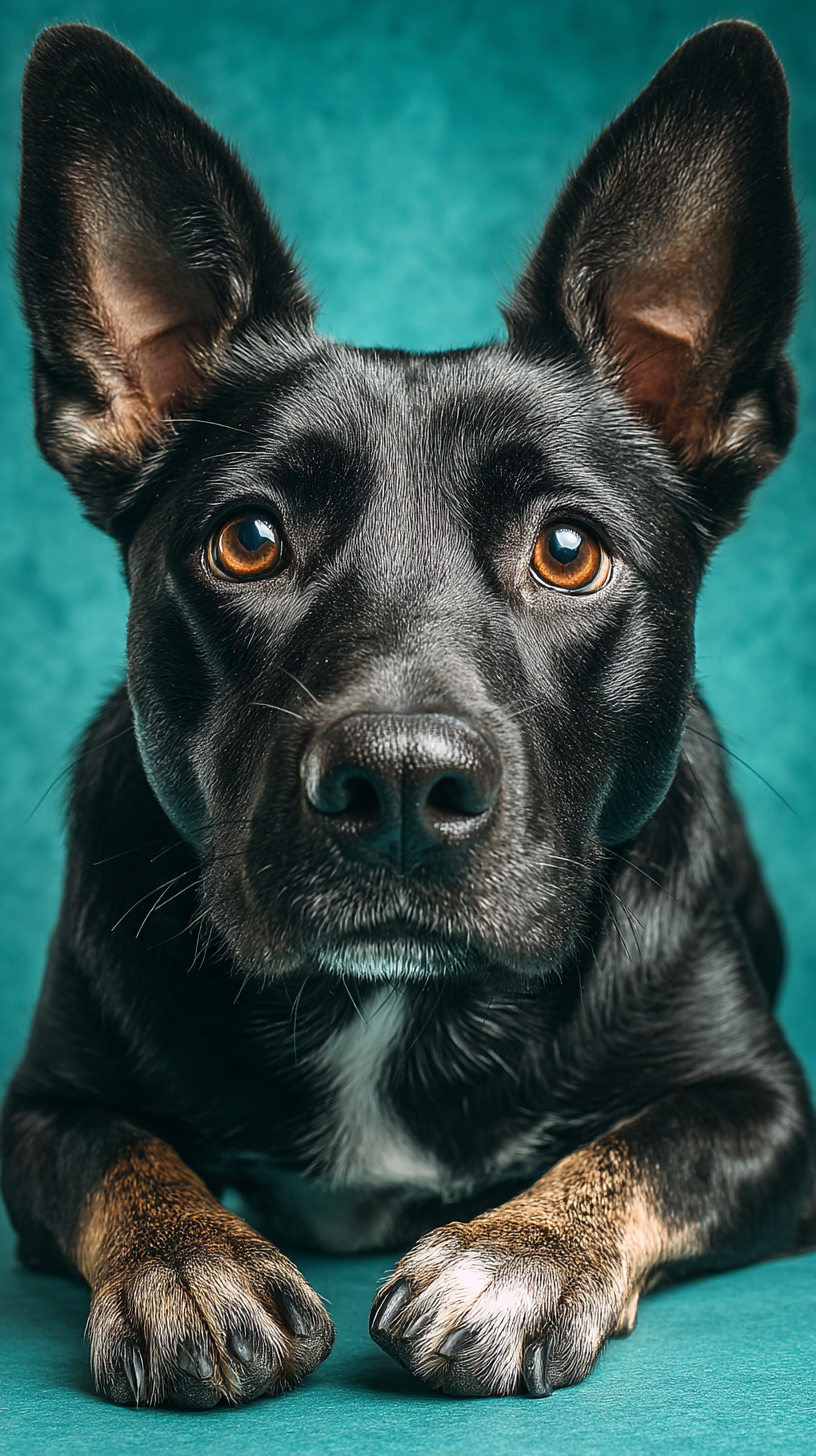 一隻黑色星犬，米色爪子，困惑地看著鏡頭，背景是淺石油綠色