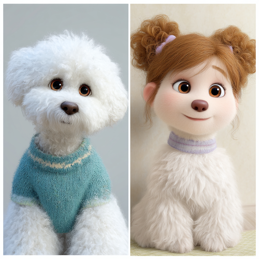 Bichón Frisé transformado en una linda niña de 5 años.