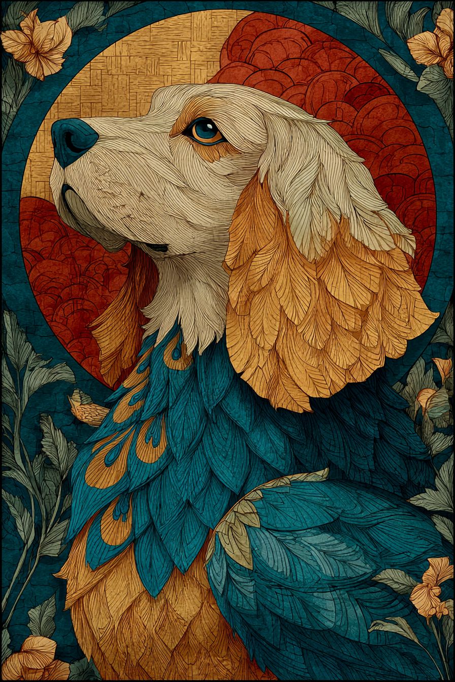 An Art Nouveau style of a Basset Hound with flowing lines and elegant curves
