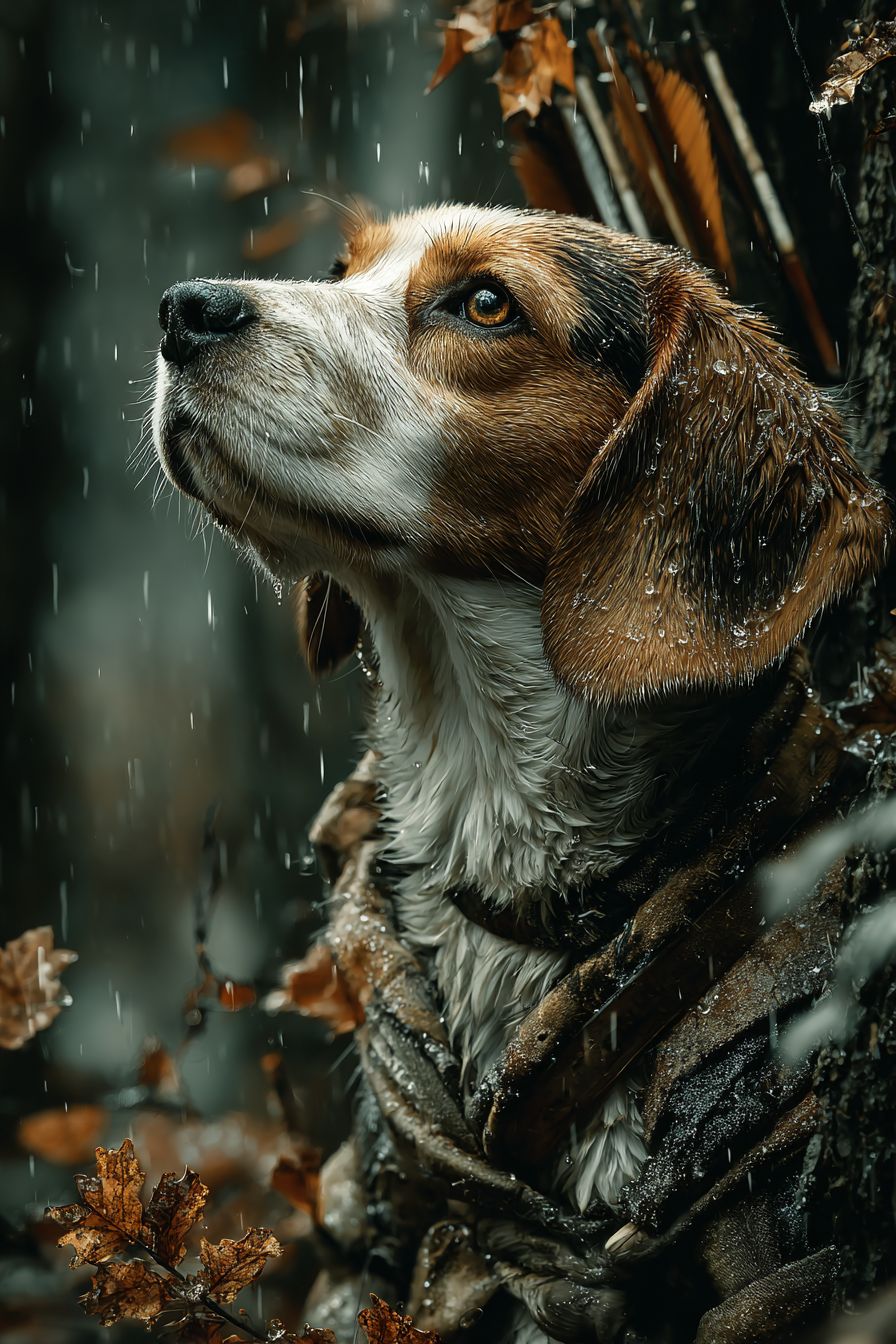 A realistic beagle hunting with a bow and arrow in a forest