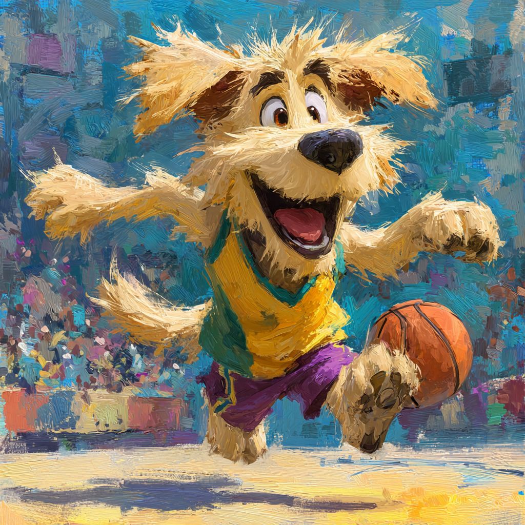 A cute cartoon-style golden retriever playing basketball in a colorful jersey