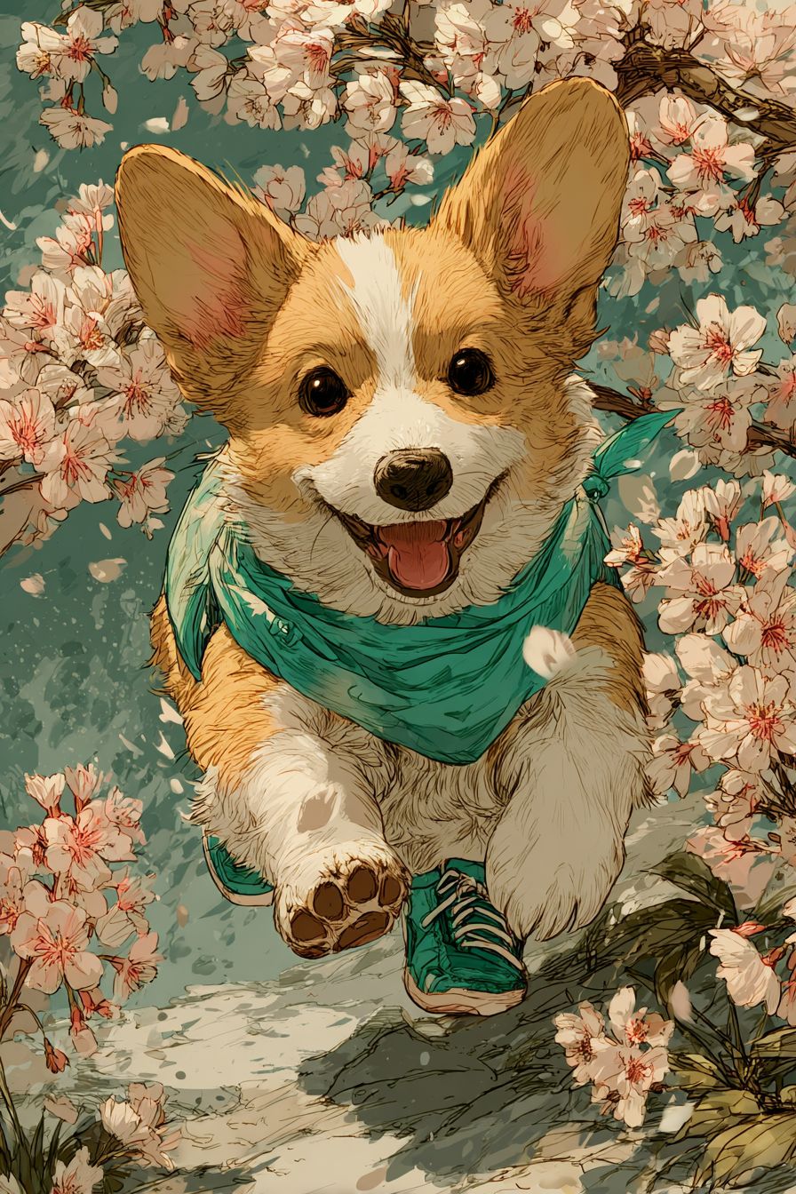 A cartoon corgi in a green sweatband and sneakers is sprinting through a springtime park