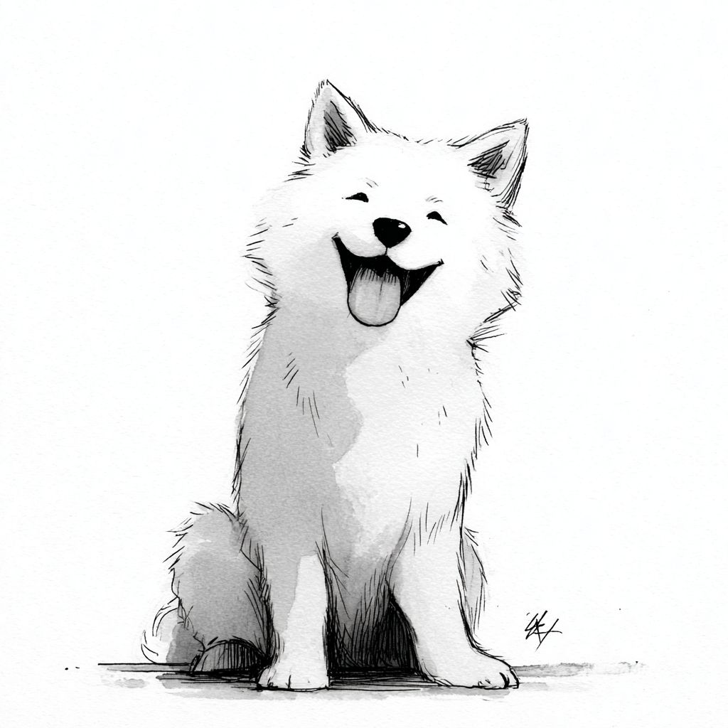 A cute black and white line drawing of a big white dog sitting happily