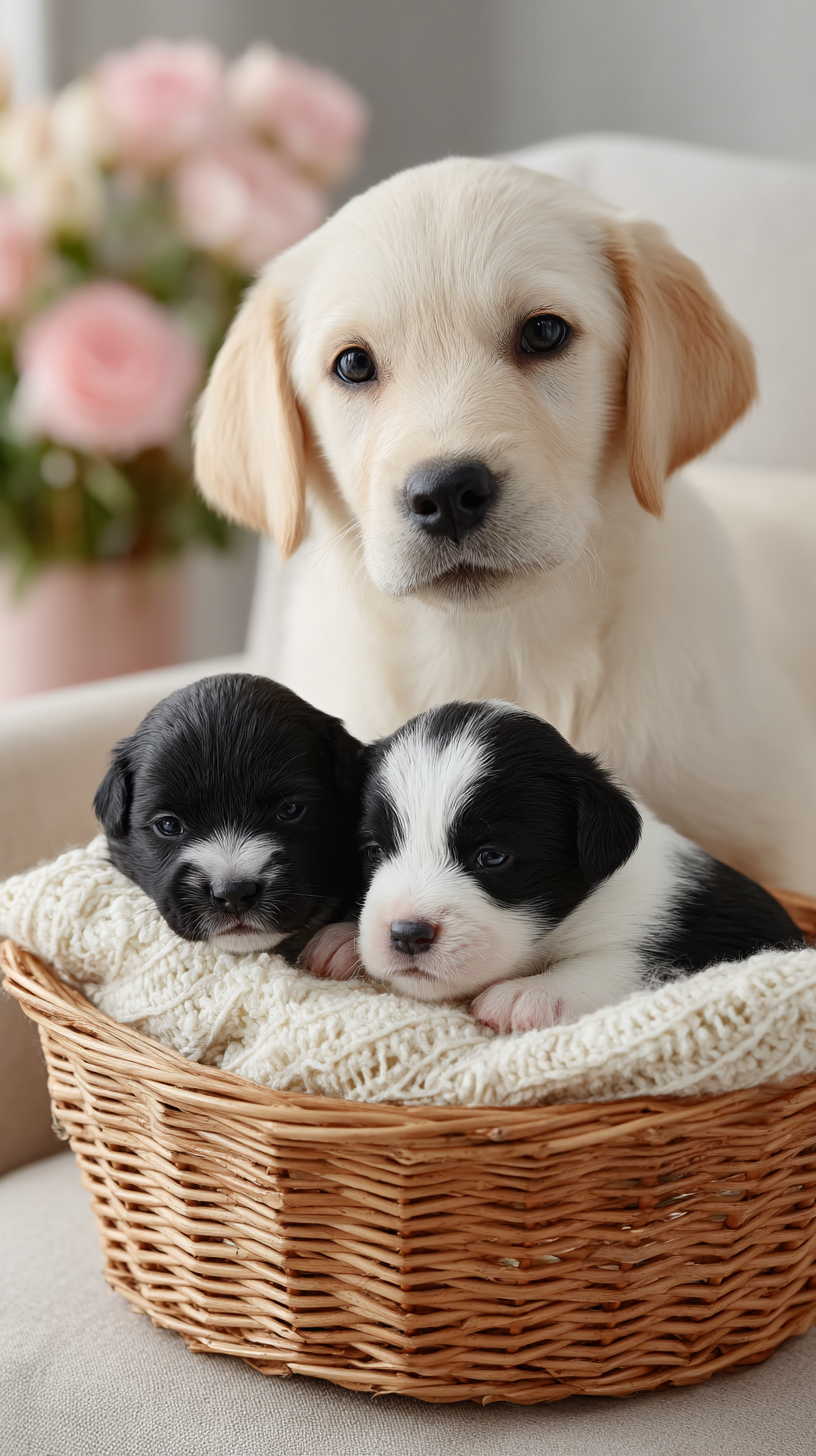 Uma mãe labrador coloca cuidadosamente seu filhote preto e branco em uma cesta
