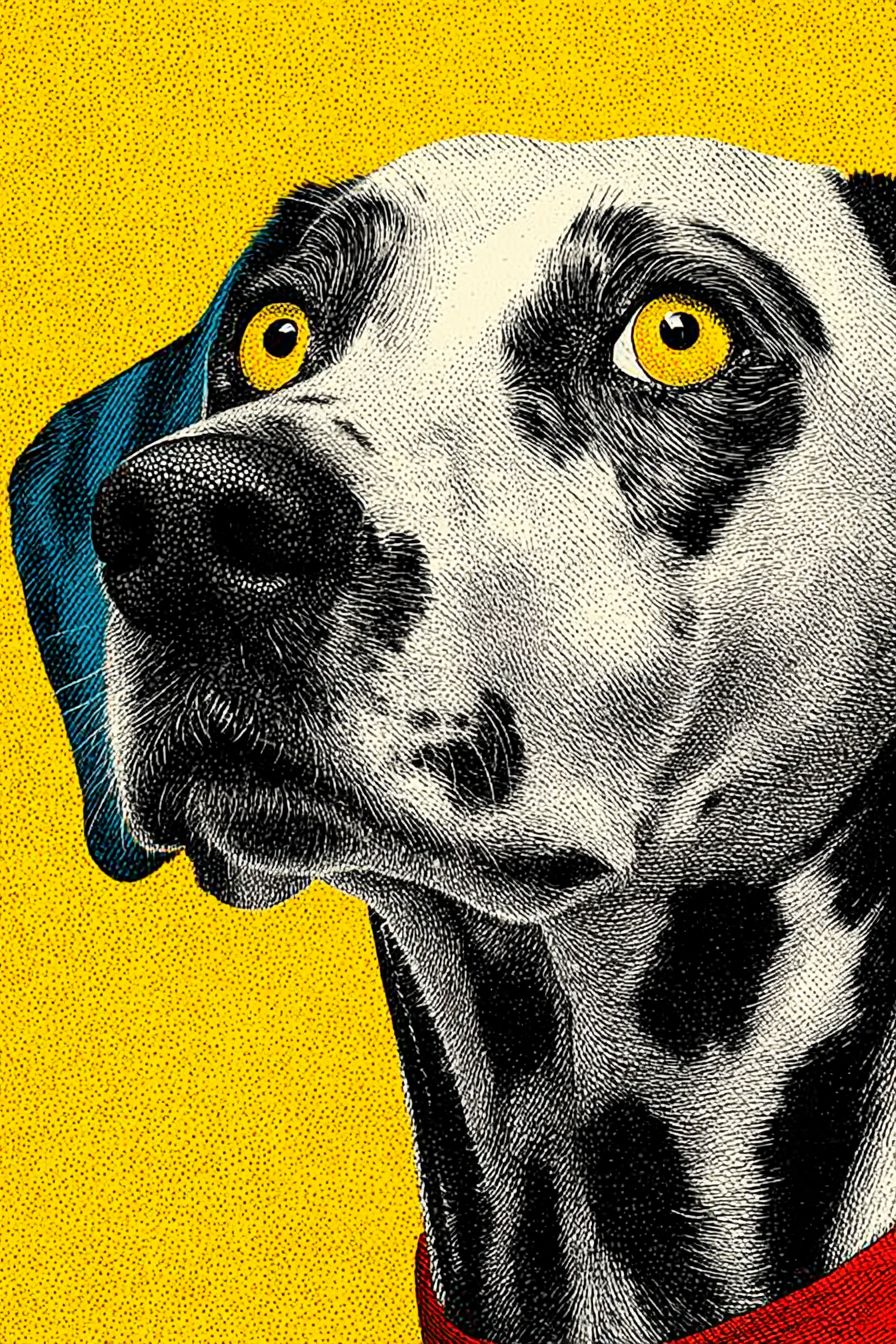 A Pop Art style Dalmatian with bold black spots and a bright yellow background
