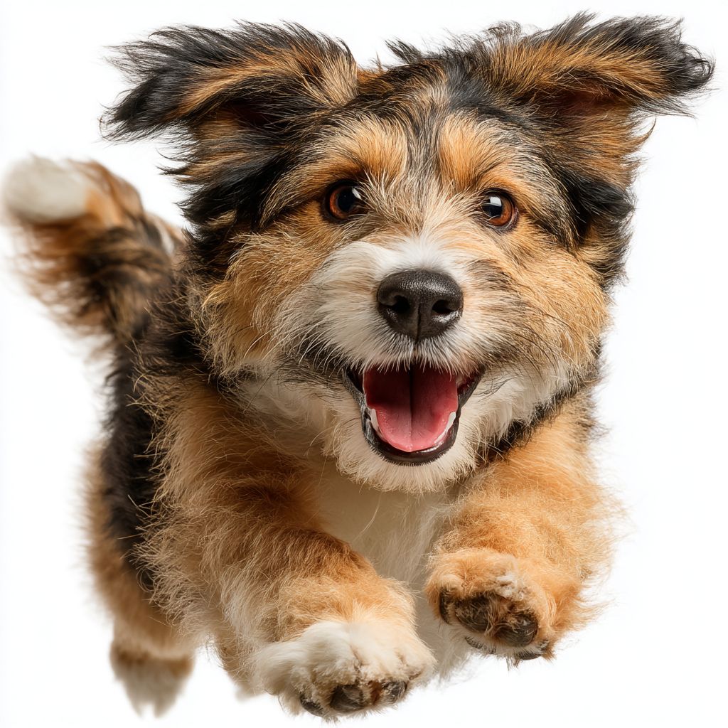 A dog jumping with excitement and a joyful expression against a white background