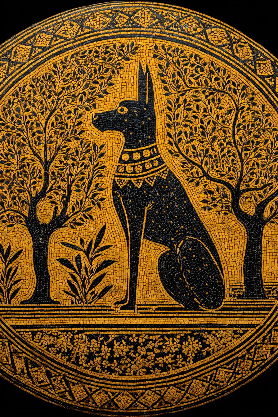 Ein griechischer Töpferstil, der einen Kanaan-Hund im schwarzfigurigen Design mit einer mythologischen Szene und einem Olivenbaum-Hintergrund zeigt