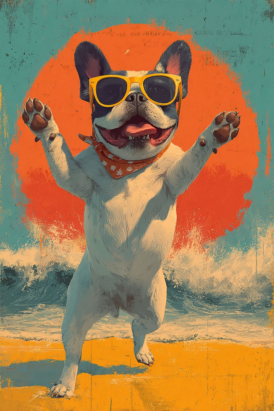 Um bulldog francês de cartoon fazendo uma cambalhota na praia usando óculos de sol, ao fundo um pôr do sol colorido e ondas