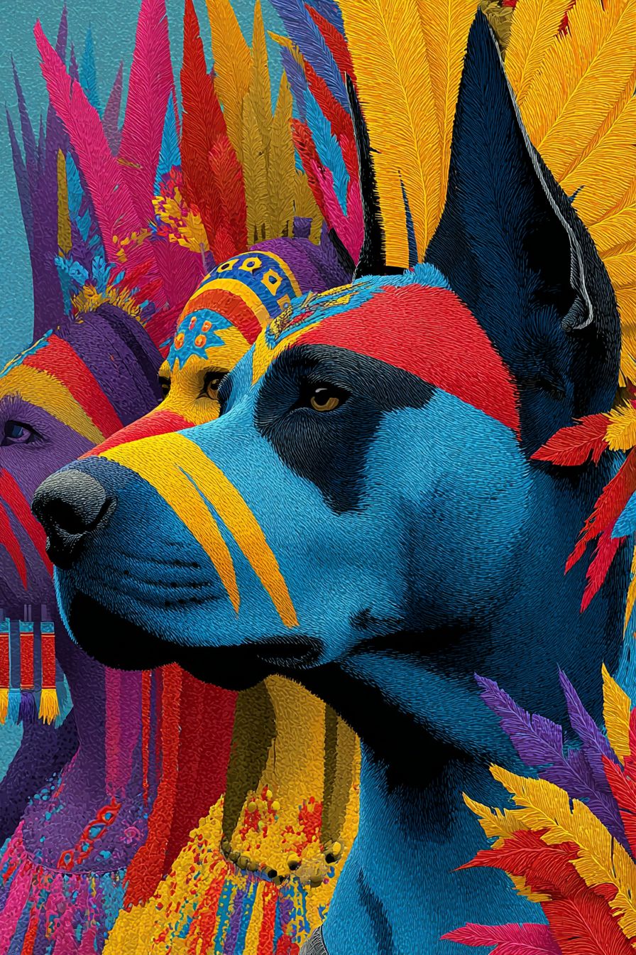 Brazilian carnival art style of a Fila Brasileiro with bright feathers, samba dancers, and a lively tropical rainforest