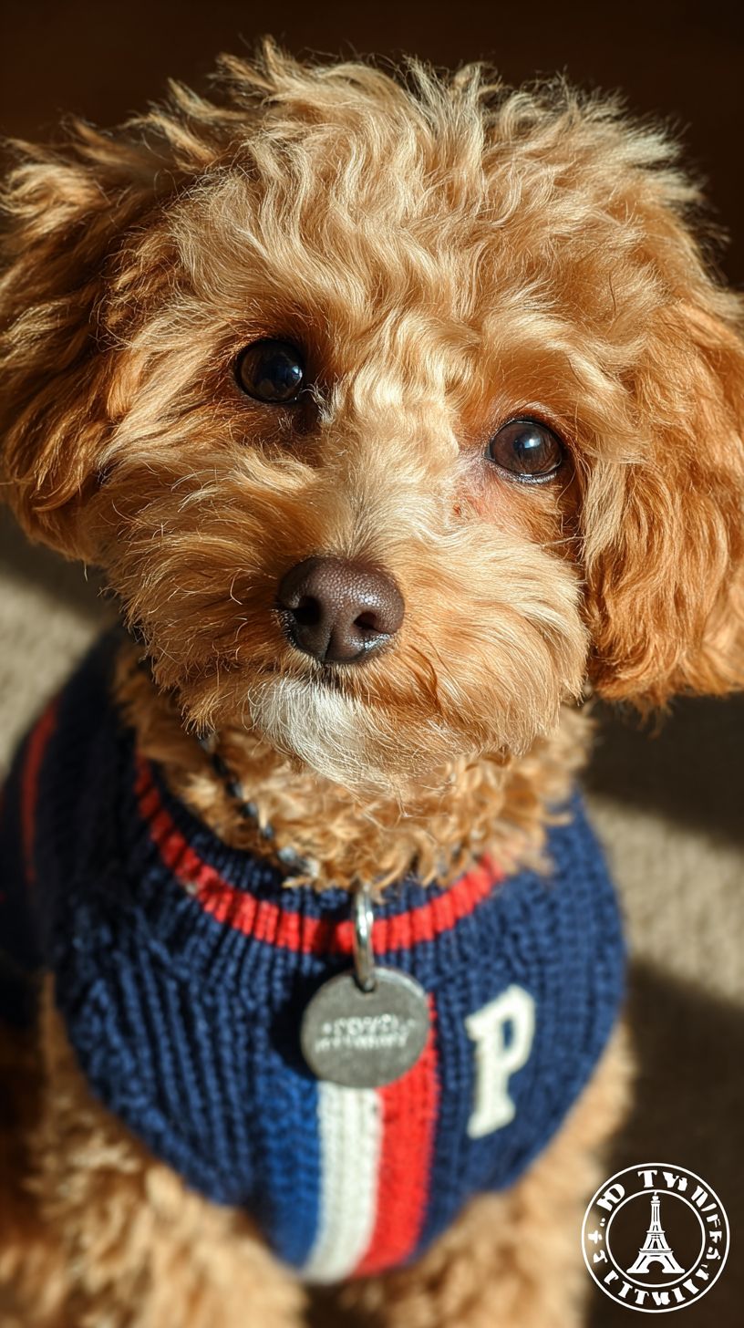 かわいい茶色のトイプードルがスポーティなネイビーブルーの犬用ジャージを着ている
