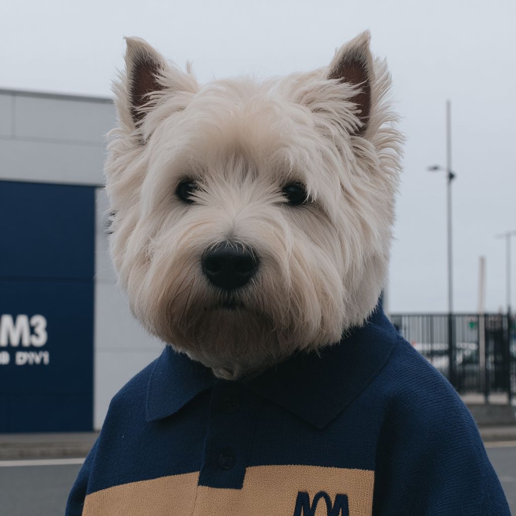 A West Highland White Terrier in a McDonald's polo shirt holding coffee while working at the drive-thru