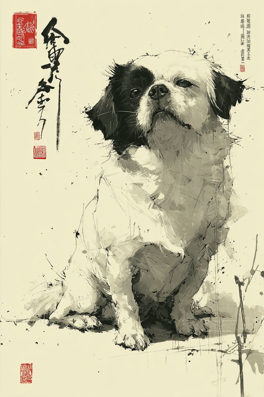 A Chinese ink painting depicting a Pekingese dog