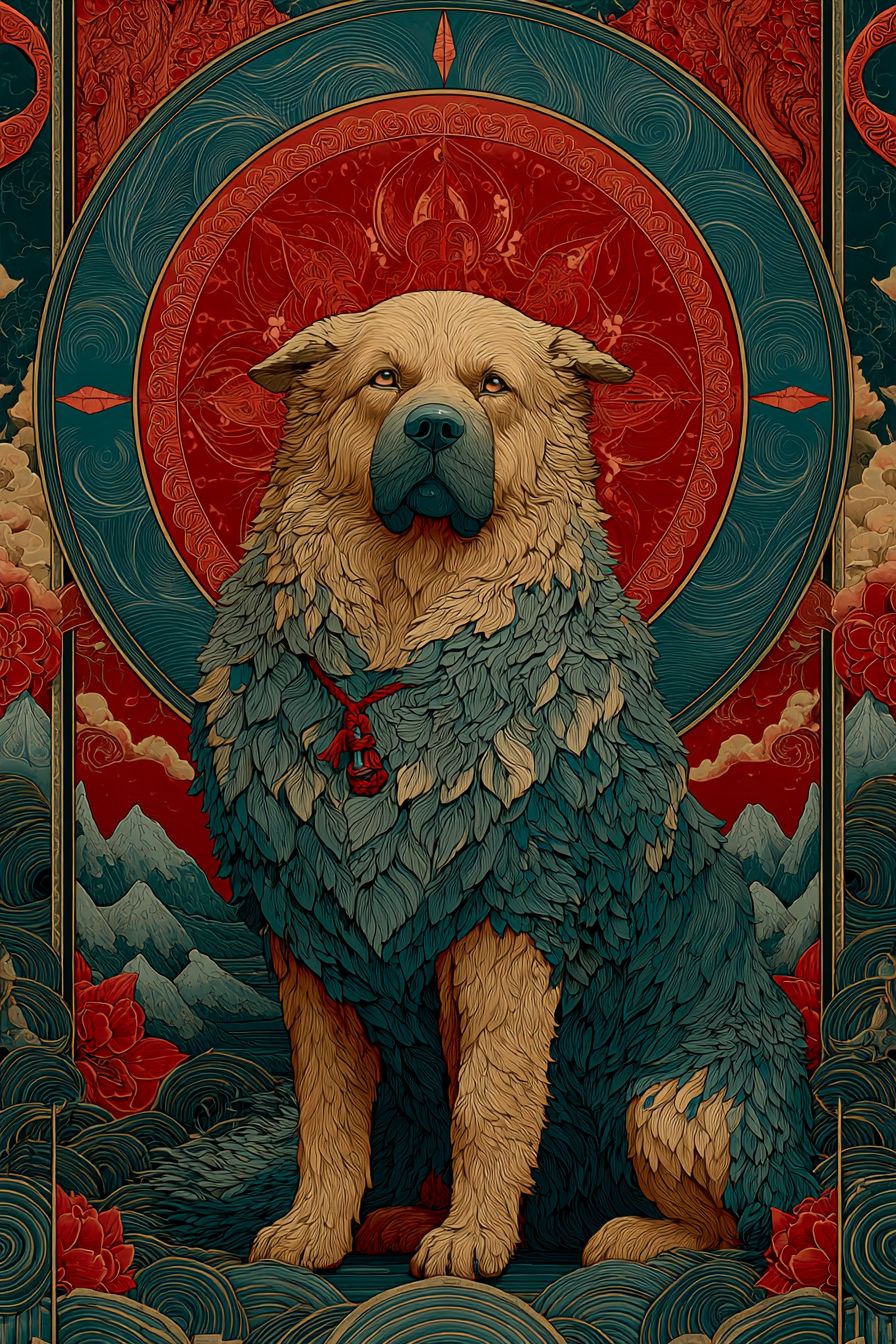 A Tibetan thangka featuring a Tibetan Mastiff and a detailed mandala with a deep red and blue Himalayan mountain background