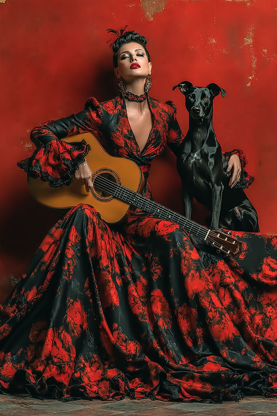 Ein leidenschaftlicher roter und schwarzer Ibizan-Hund im Flamenco-Kunststil mit Gitarren-Hintergrund