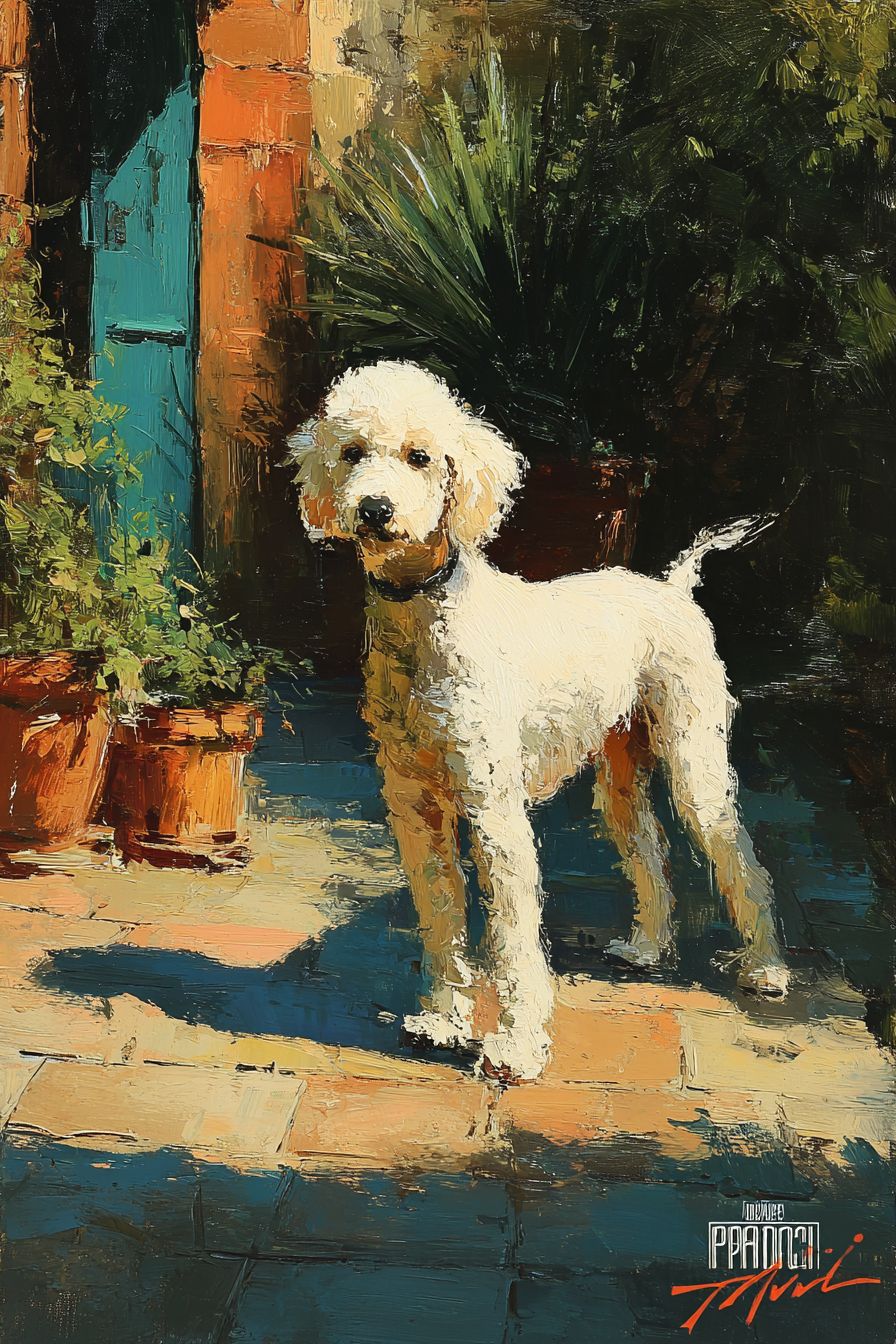 A French Impressionist painting depicting a playful Poodle in a Parisian garden