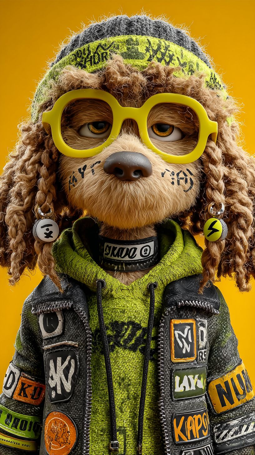 Un caniche marron portant des accessoires et des vêtements vibrants