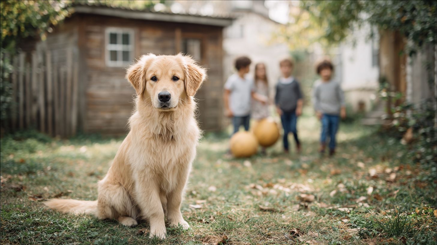 Un Golden Retriever joyeux gardant un groupe d'enfants jouant