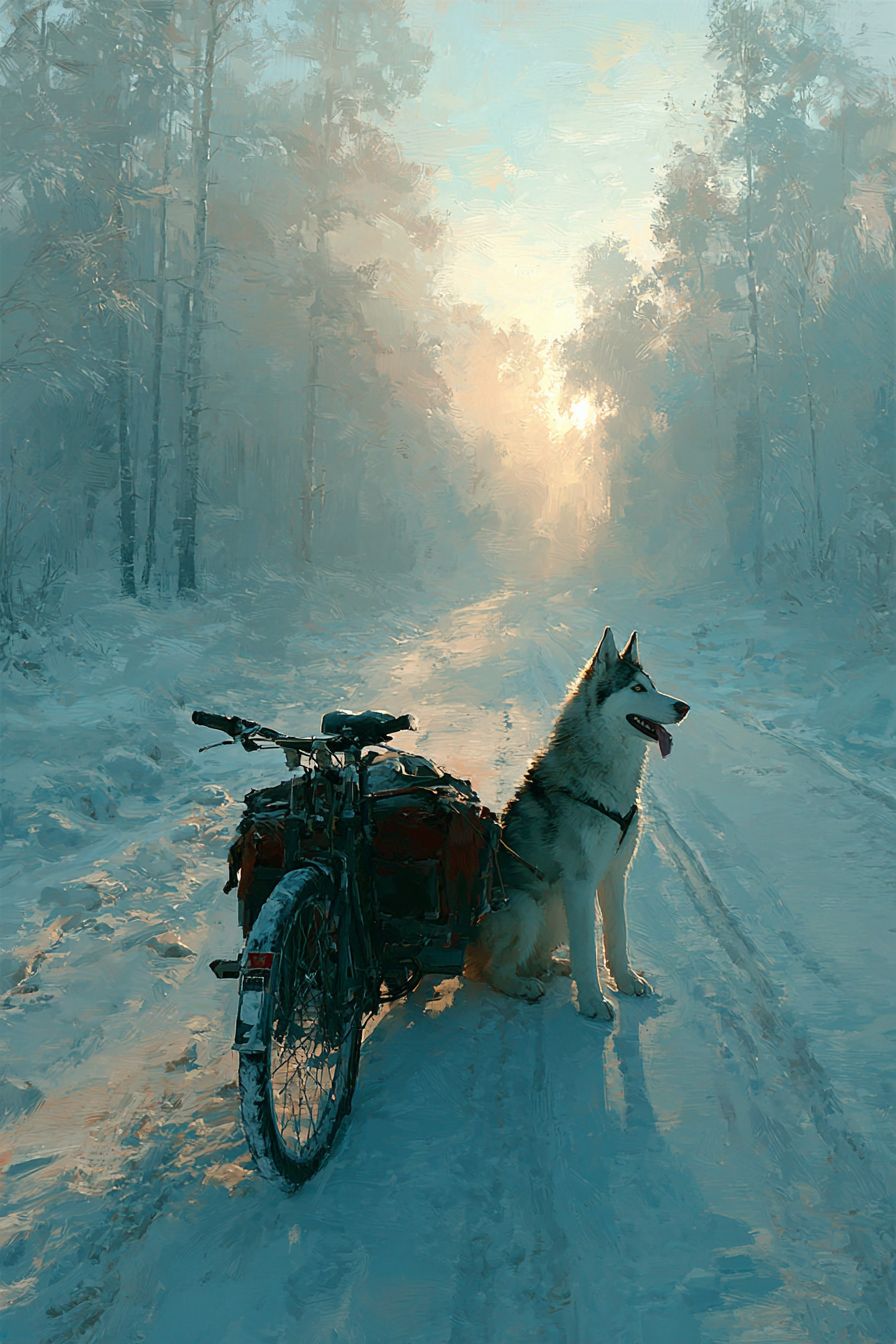 Um husky realista puxando uma bicicleta com um sidecar em uma trilha nevosa