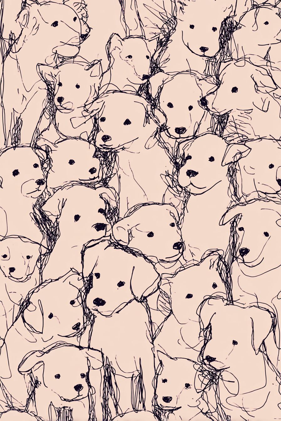Child-like hand-drawn puppy outline with chaotic yet orderly coloring minimalist wallpaper