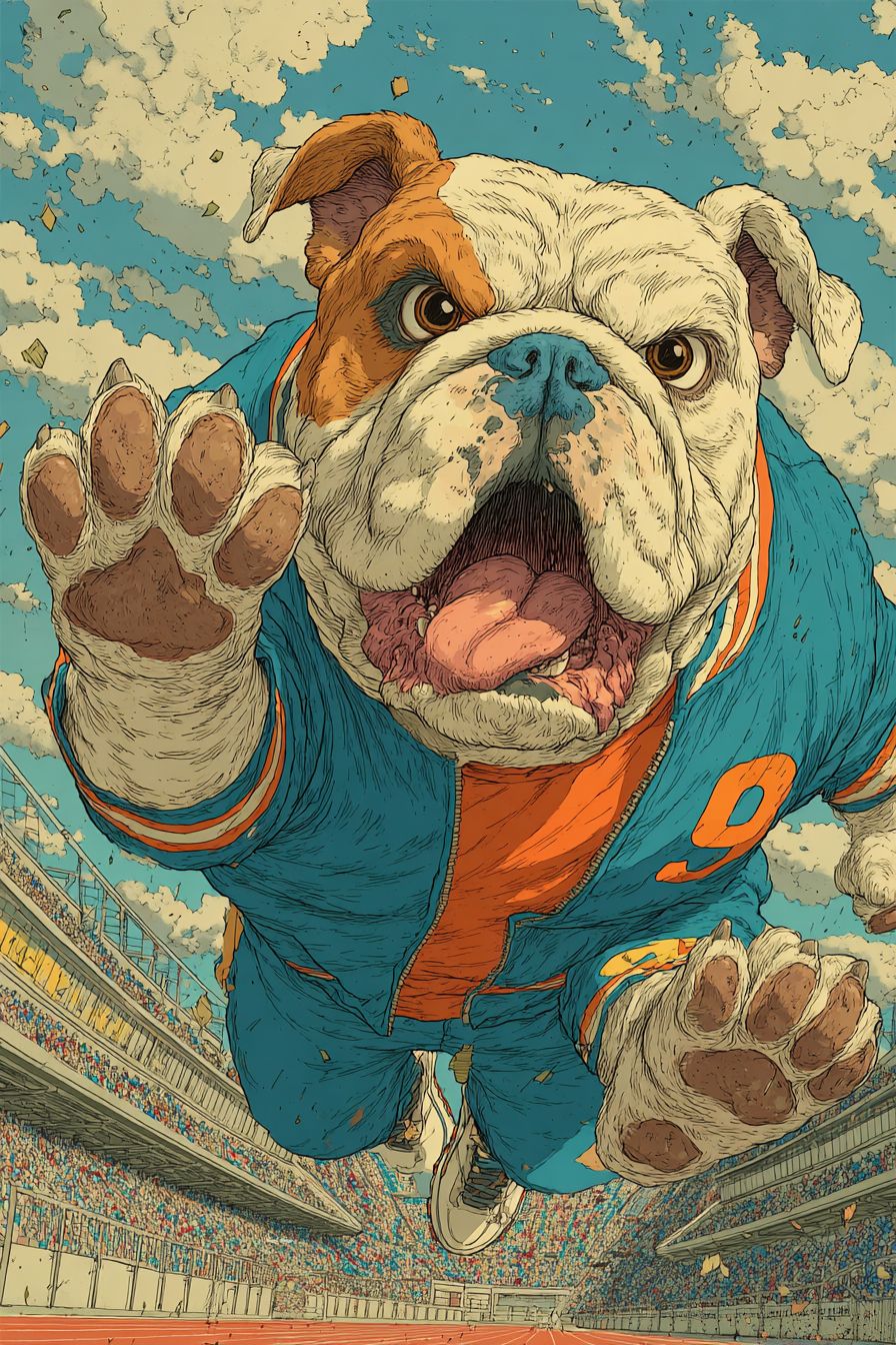 A lively cartoon bulldog in a tracksuit performing a high jump in a stadium