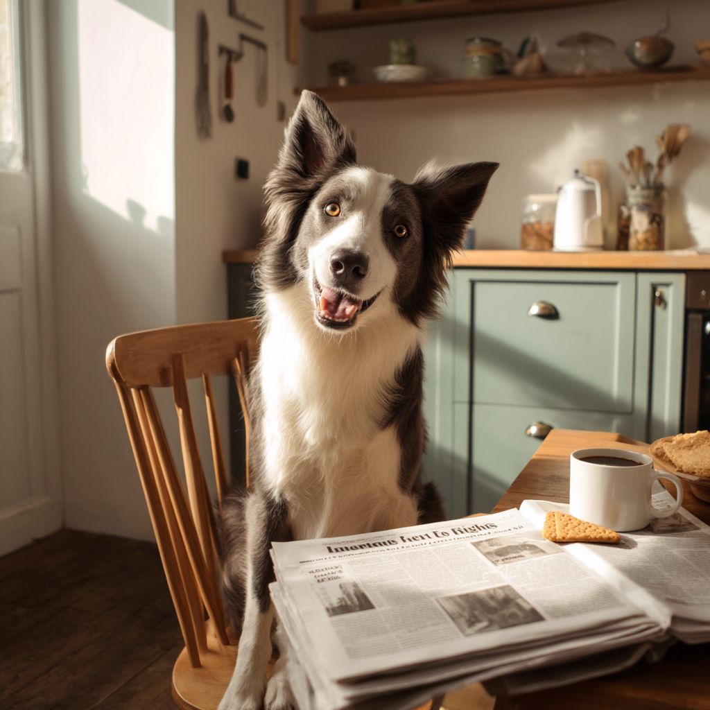 Un border collie gris y blanco está sentado en la cocina como si leyera un periódico