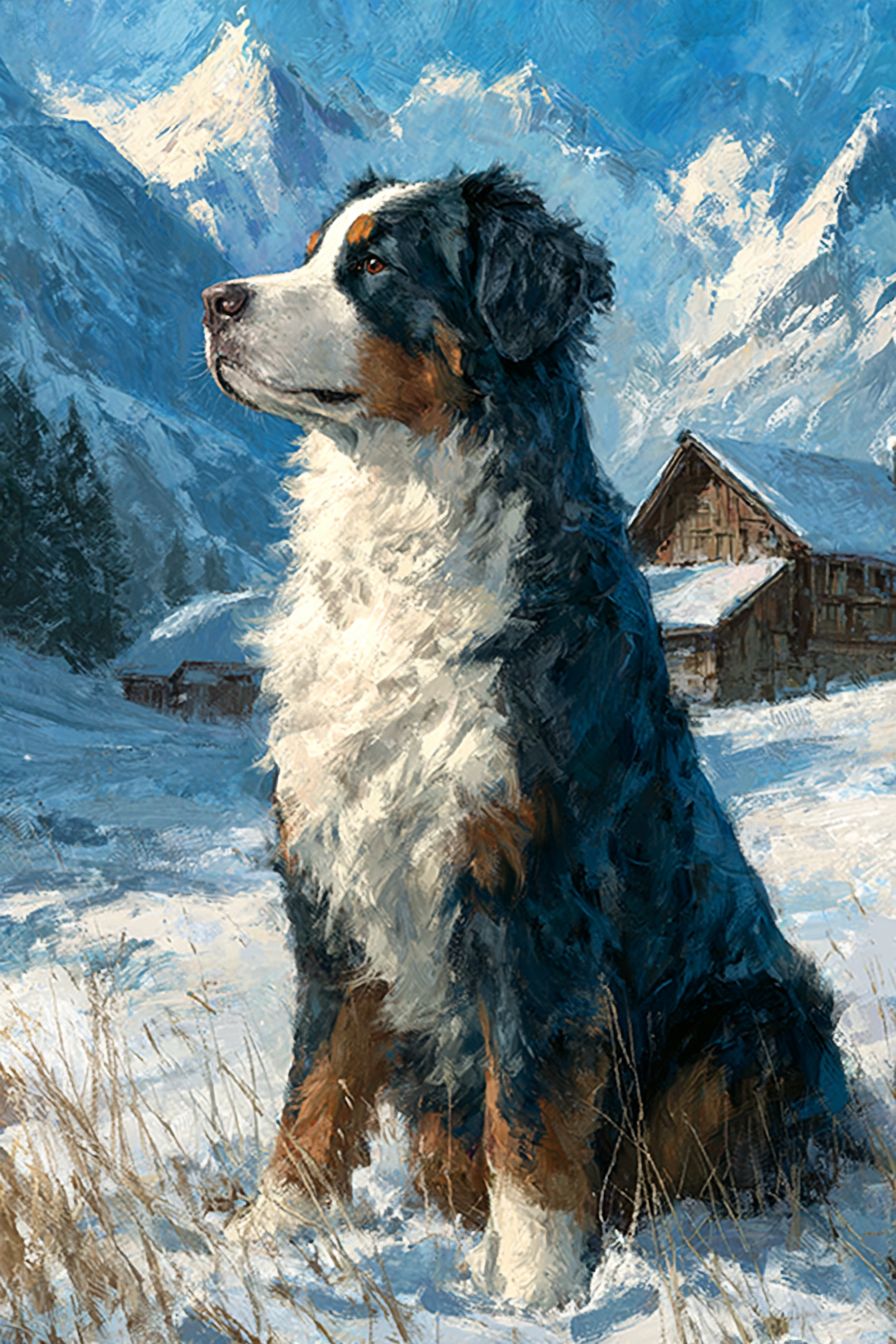 A Swiss alpine art style of a Bernese Mountain Dog