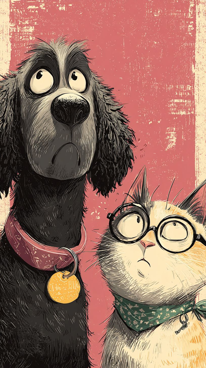 Une affiche publicitaire pour un magasin d'animaux de compagnie avec une image d'un joli chien et chat en cartoon avec des accessoires