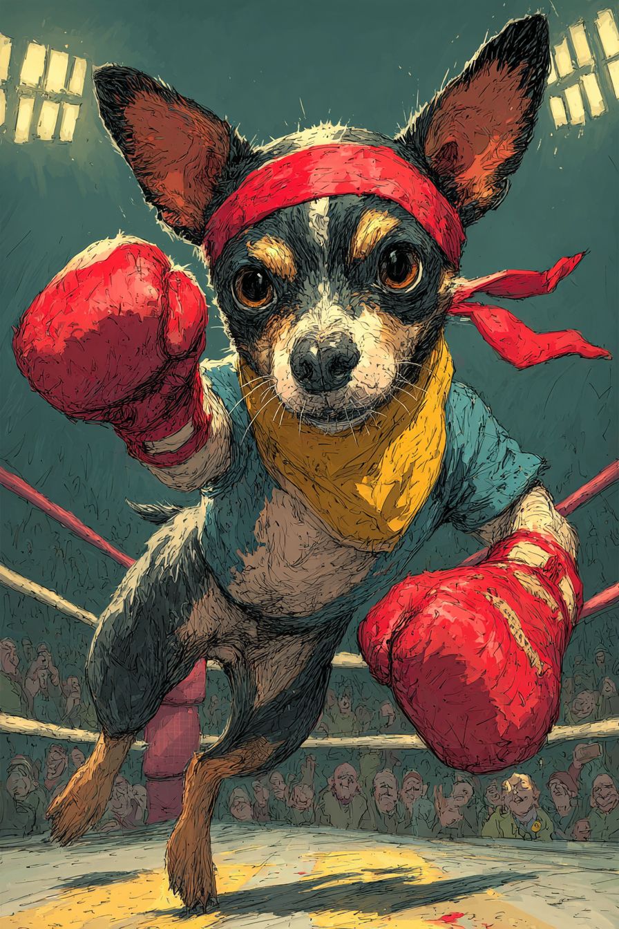 A cartoon chihuahua in a boxing ring wearing red gloves striking an exaggerated punch pose