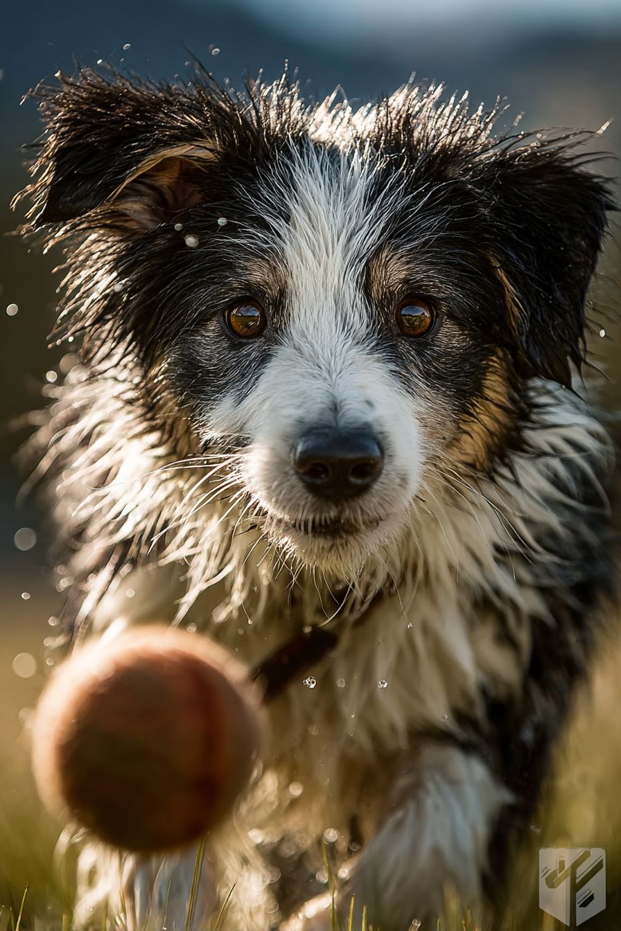 A realistic border collie playing lacrosse on a sunny grassy field