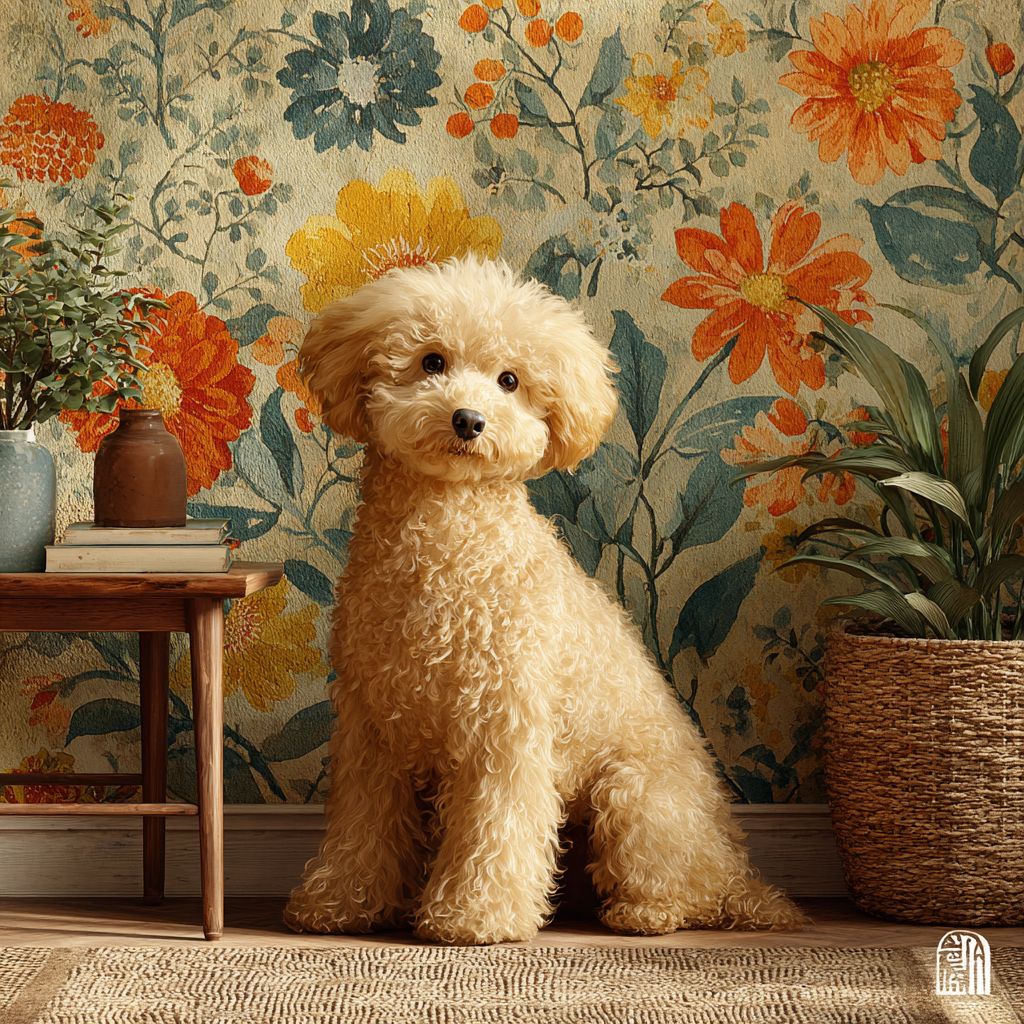 これは、鮮やかなオレンジと黄色の花の中に座っているプードルを描いた水彩画です