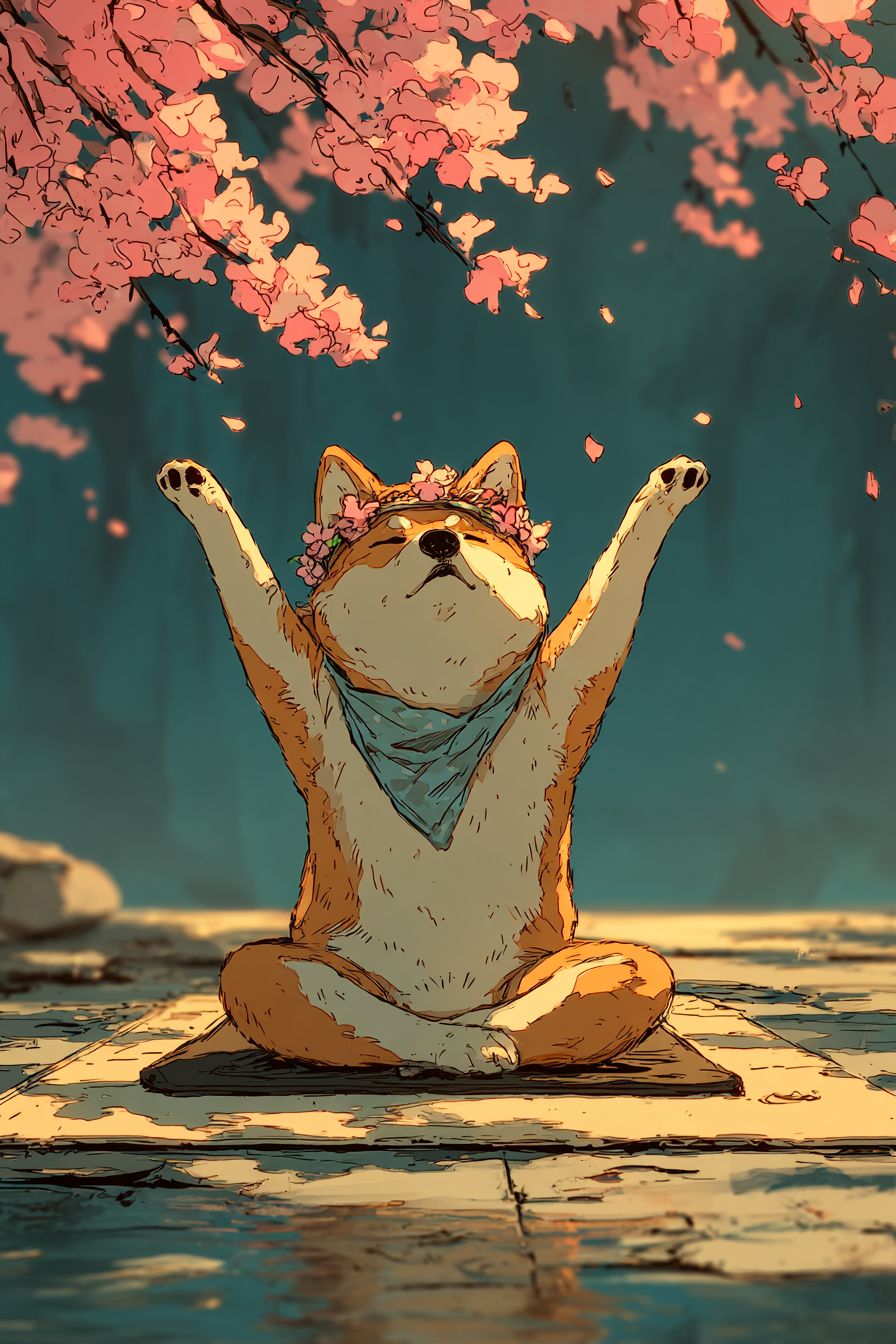 A cheerful cartoon shiba inu doing yoga on a mat in a park surrounded by blooming cherry blossoms in soft morning light