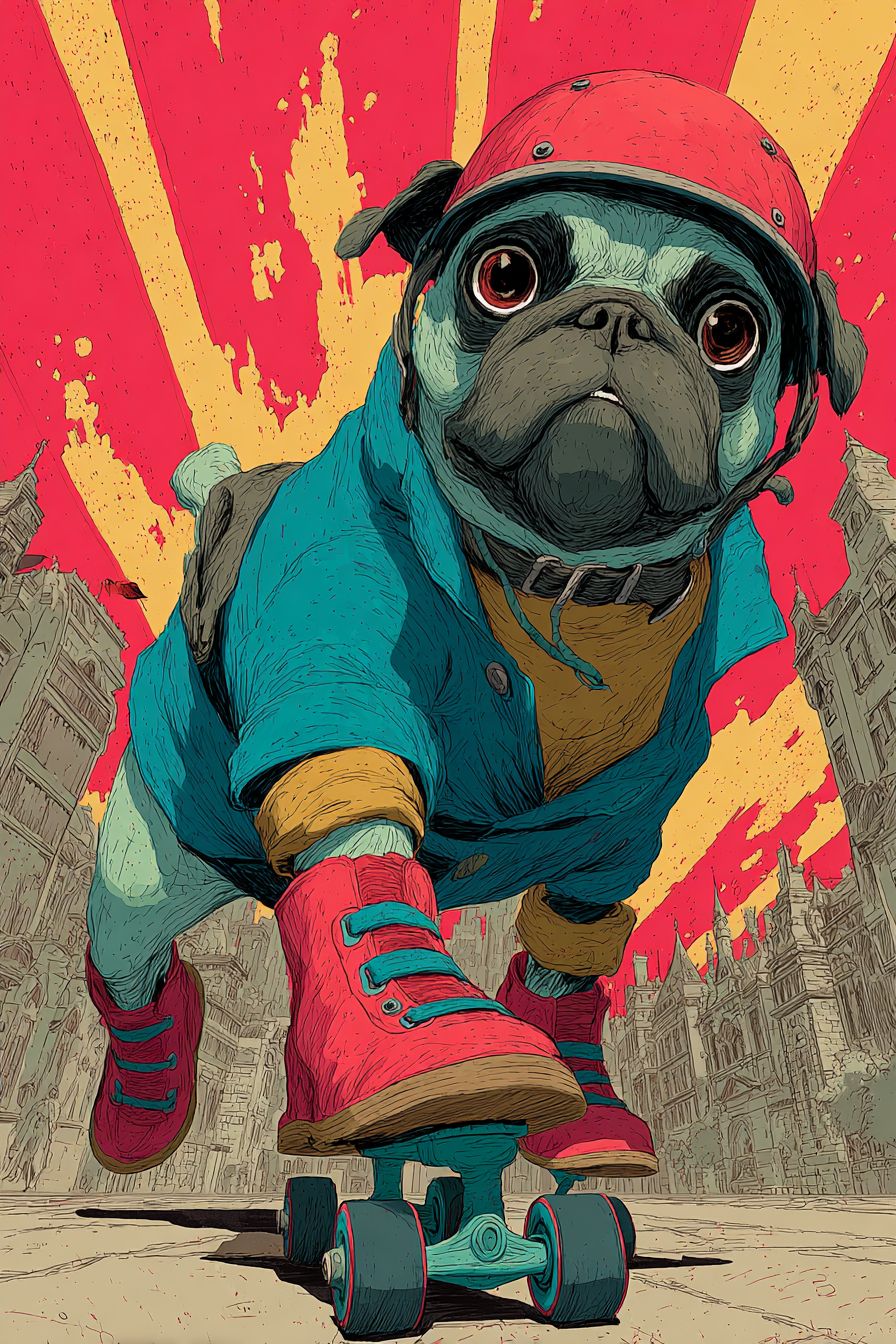 Un pug de dibujos animados patinando en un parque de la ciudad
