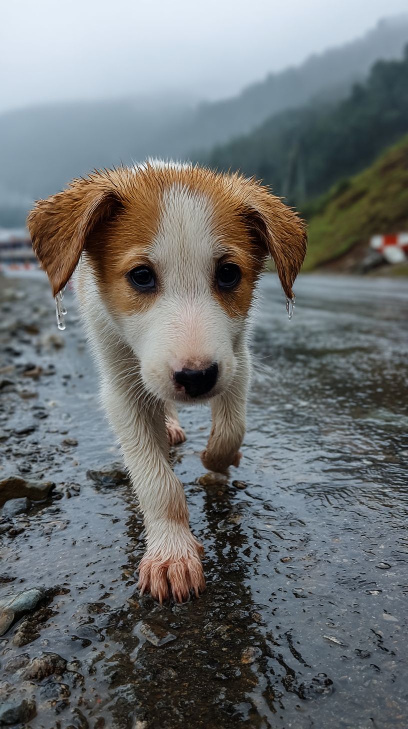 Ein süßer Welpe in Weiß und Hellbraun läuft bei Regen über den nassen Boden und zeigt Angst und Traurigkeit, als ob er verletzt wurde