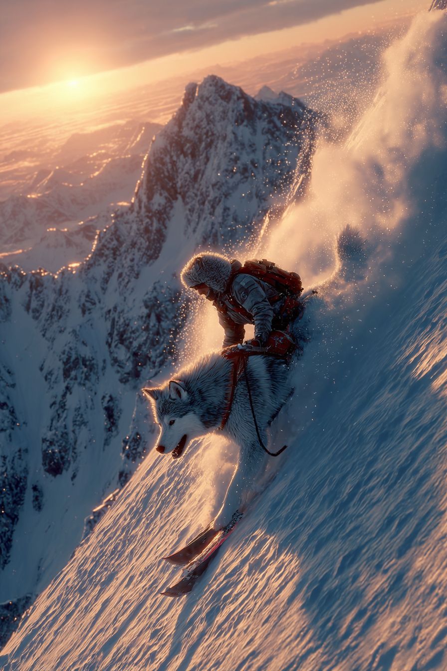 A photorealistic Siberian husky skiing down a steep snowy slope