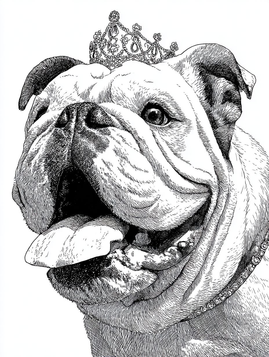 Illustration d'un bulldog anglais blanc souriant portant une couronne.
