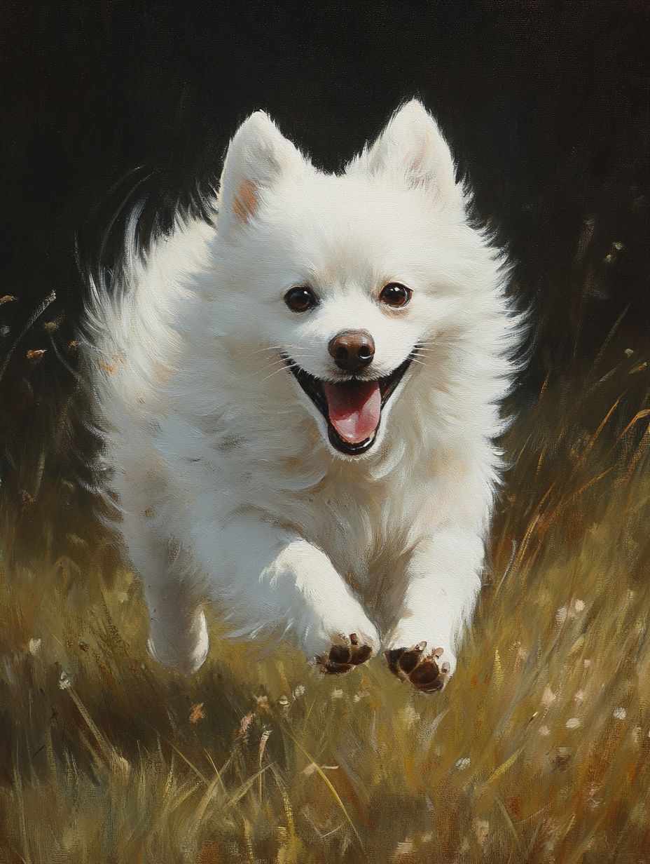 一只白色的德国尖嘴犬在草地上奔跑