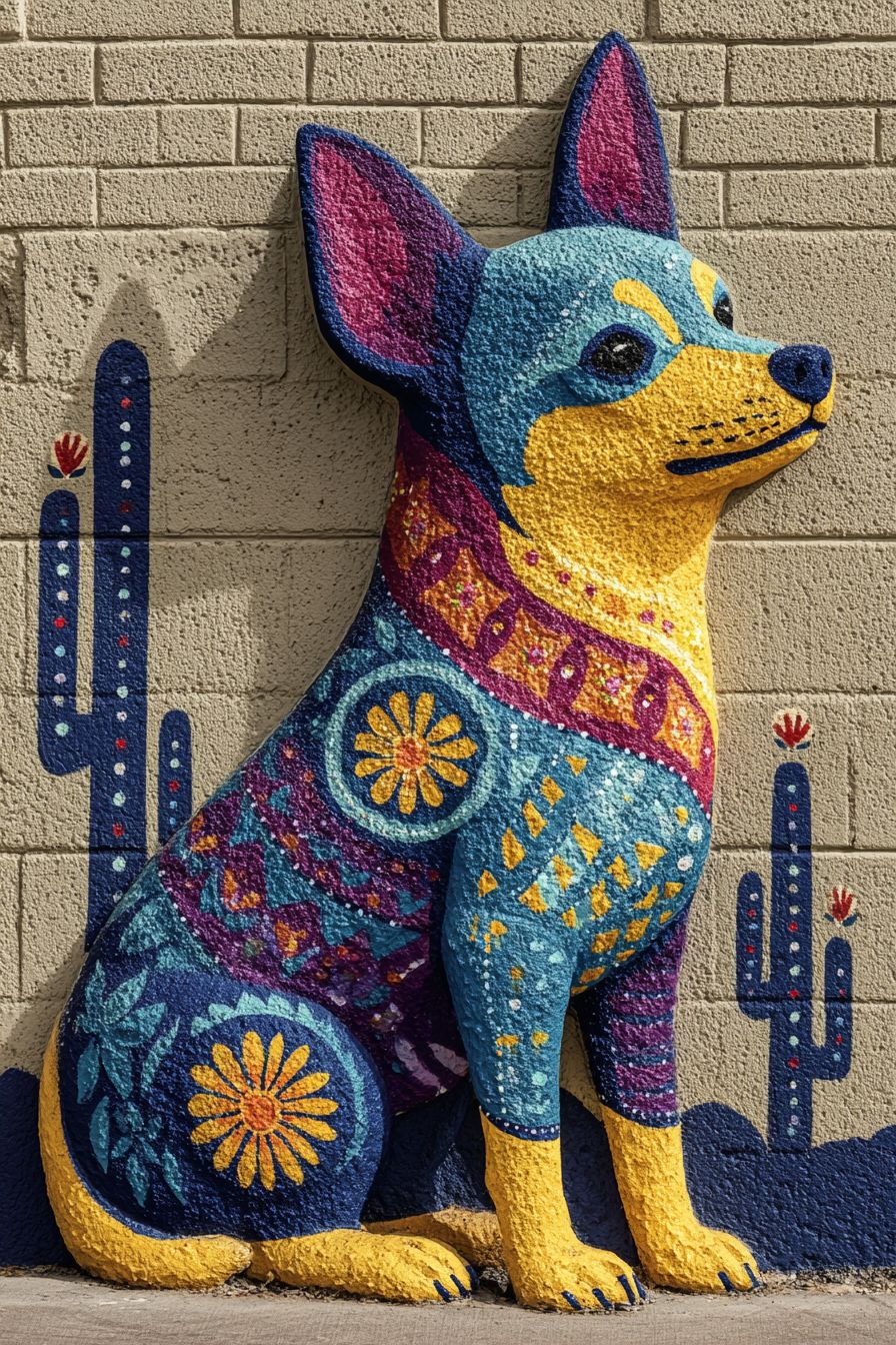 Ein Chihuahua im mexikanischen Wandmalstil mit kräftigen Primärfarben und folkloristischen Mustern in einer Wüstenlandschaft mit einer festlichen Mariachi-Band