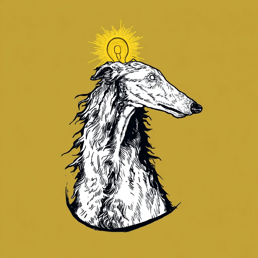 un logo feo e inquietante de un perro borzoi con una luz de emergencia parpadeante en la cabeza