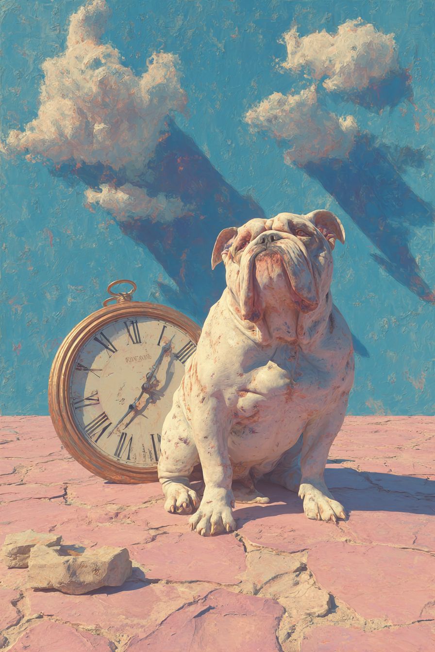 Une œuvre d'art surréaliste représente un bulldog, une horloge fondue et un désert onirique