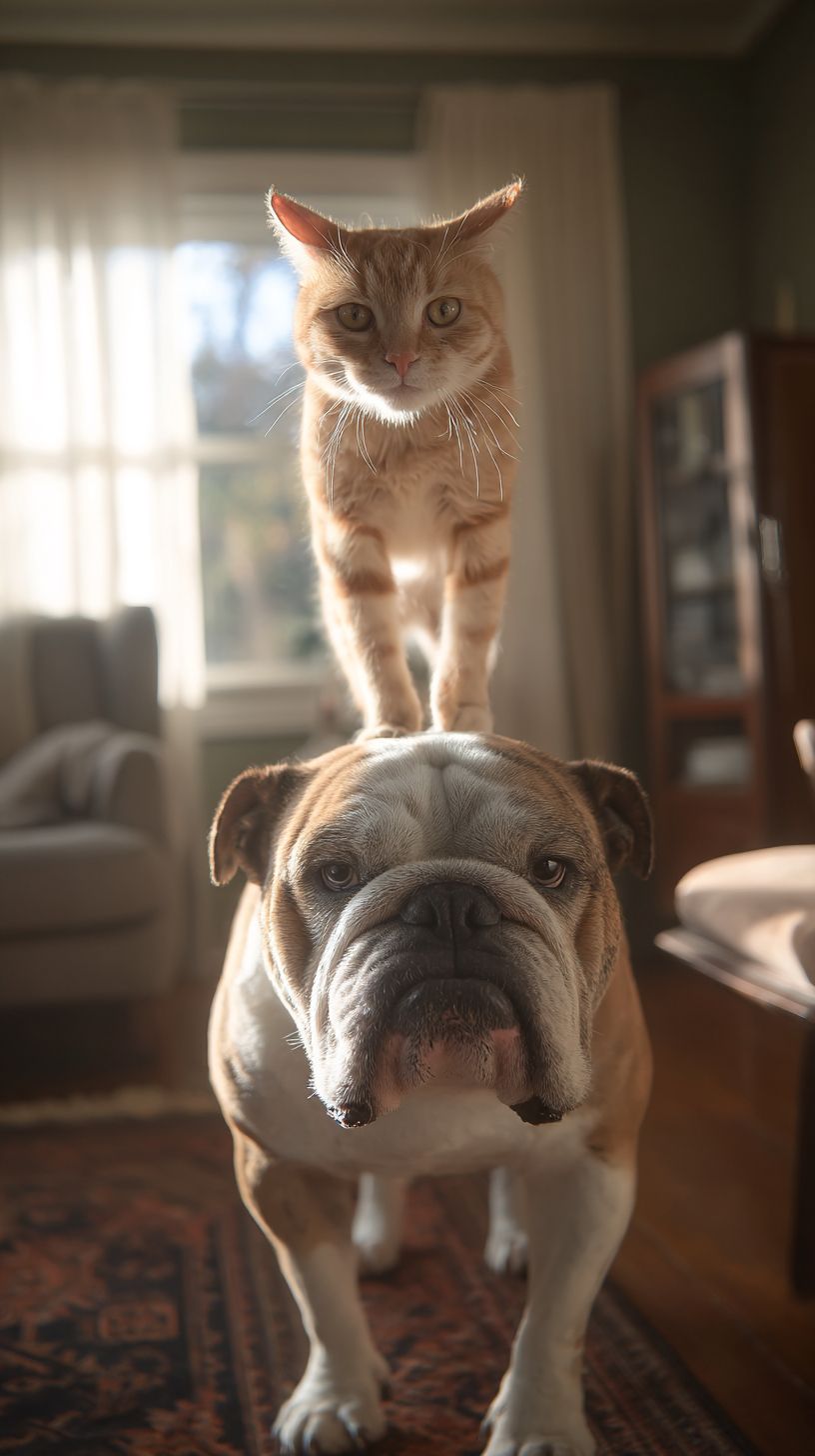 Ein muskulöser Bulldogg läuft ruhig in einem sonnendurchfluteten Wohnzimmer, während eine verspielte orangefarbene Tigerkatze springt, um auf seinem Kopf zu landen.