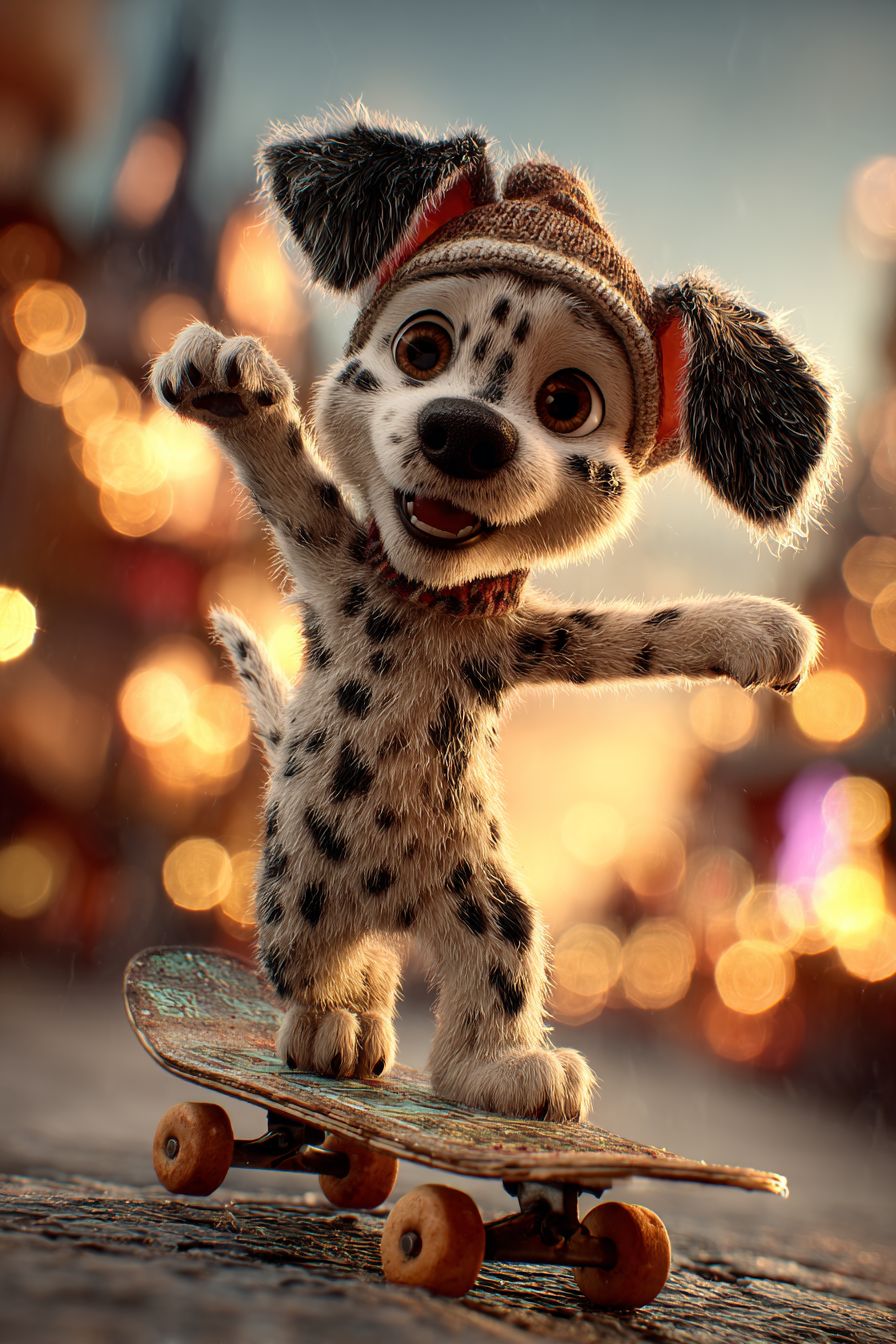 A photorealistic dalmatian skateboarding down a city street with detailed fur and a dynamic pose