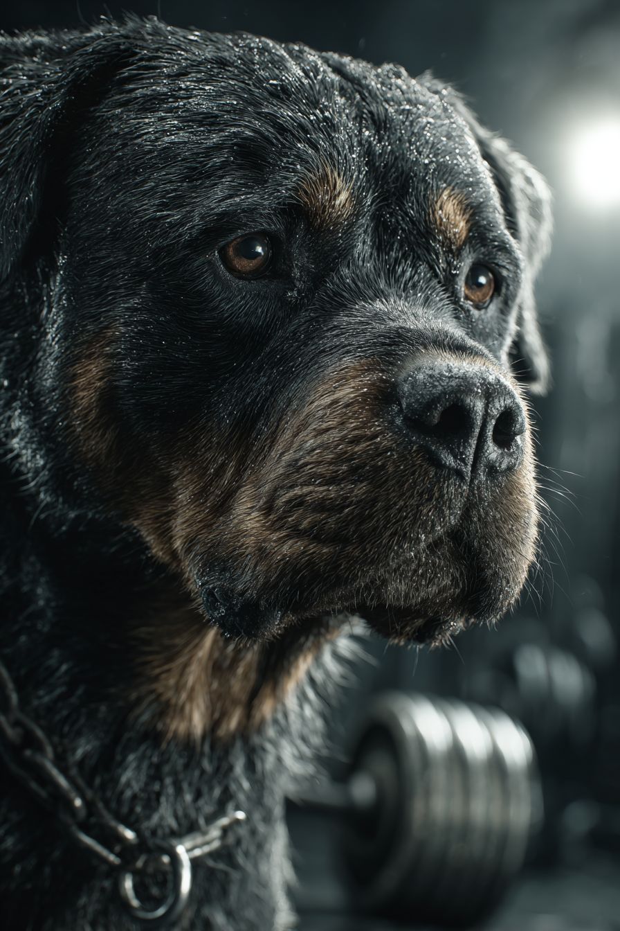 A hyper-realistic rottweiler lifting a small dumbbell in a gym