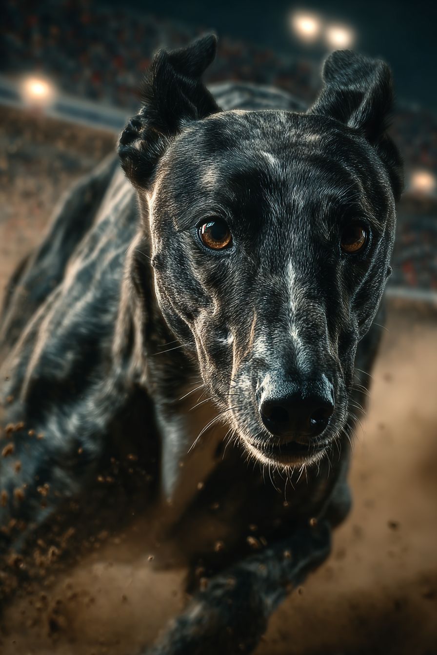 Ein fotorealistischer Windhund, der auf einer Dreckbahn rennt
